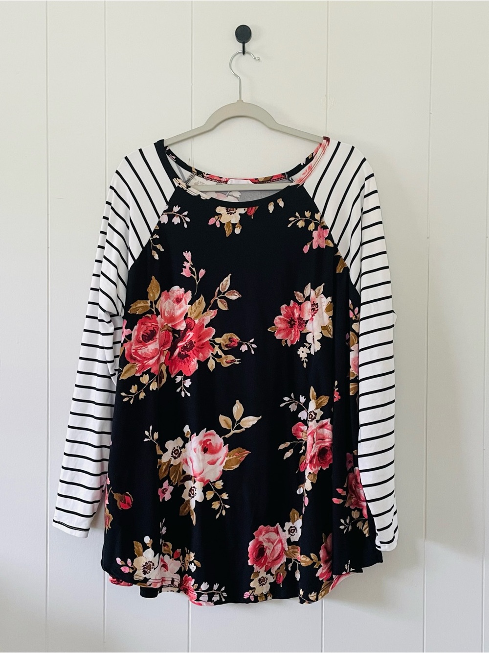 Chic Soul Black Floral Raglan Long Sleeve Top with Striped Sleeves